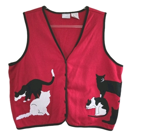 Vintage Jackets & Blazers - Vintage Blair Cat Vest Red Fleece Size XL Buttons Tuxedo Black Cat Lightweight